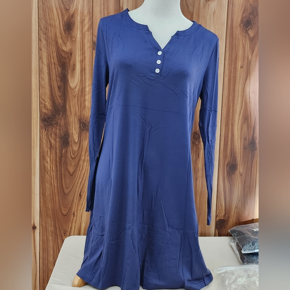Blue Long Sleeve Nightgown with Button Detail